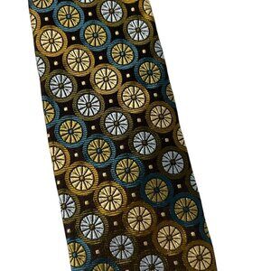 Ted Baker London 100% Silk Tie Brown Blue Gold Geometric Medallion Mod Retro